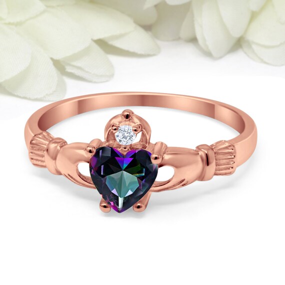 Claddagh Ring Rose Gold Sterling Silver Round Heart Mystic Rainbow Topaz CZ Simulated Diamond Claddagh Engagement Irish Promise Ring