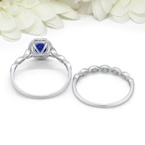 1.65 Carat Oval Blue Sapphire CZ Art Deco Solitaire Accent Dazzling Wedding Engagement Ring Band Two Piece Round CZ Sterling Silver image 3