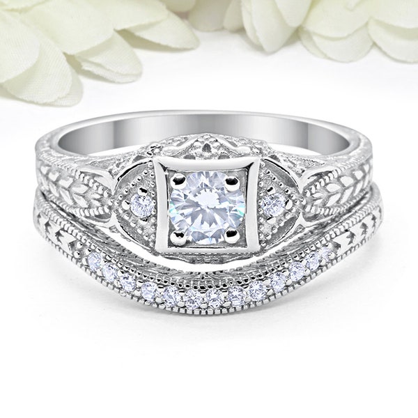 Art Deco Vintage Wedding Engagement Ring Band Bridal Set 0.84 Carat Round Simulated Diamond Accent Solid 925 Sterling Silver