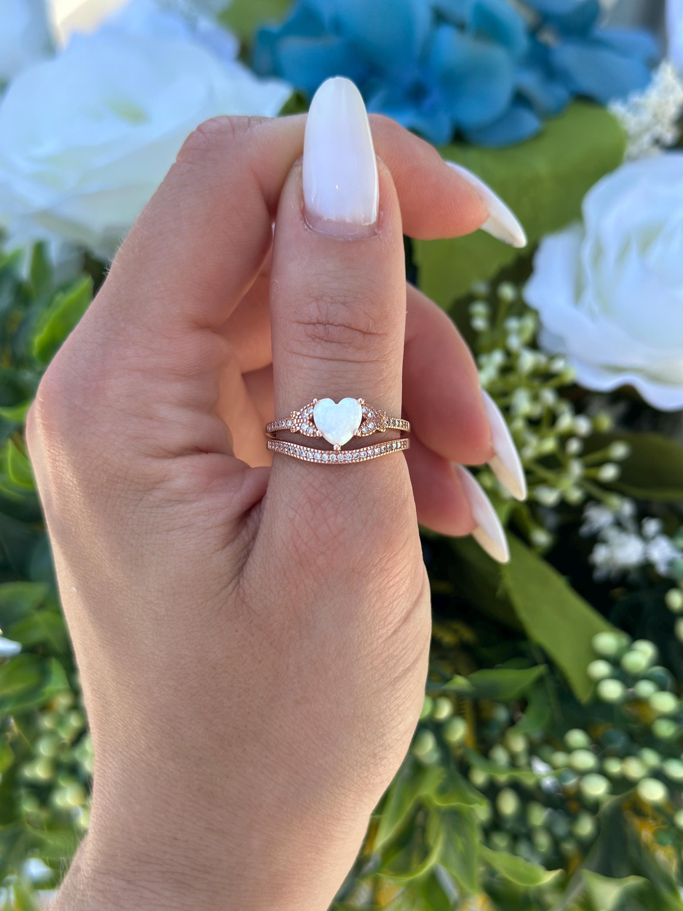 Oval White Simulated Opal Heart Promise Ring – .925 Sterling Silver Band, Size 7