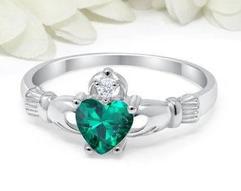 Claddagh Ring Irish Promise Ring 925 Sterling Silver CZ Round Heart Emerald Green CZ Simulated Diamond Accent Engagement Ring May Stone