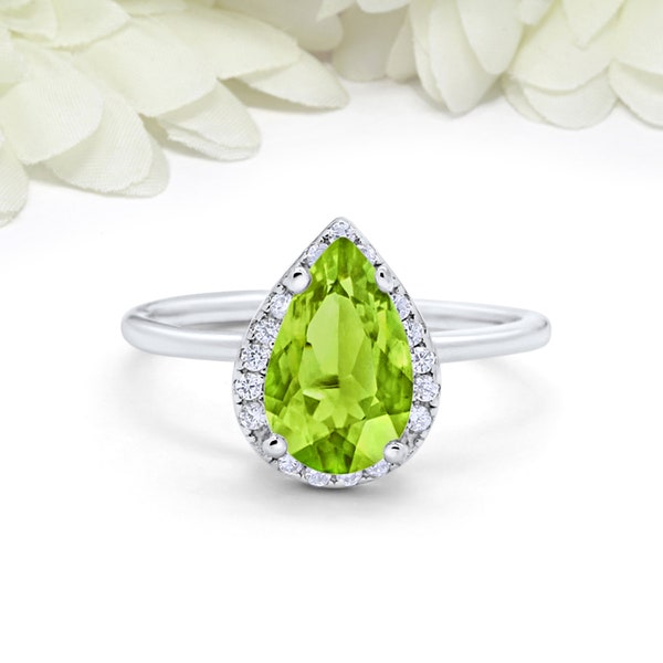 Halo Pear 3 Carat Wedding Engagement Teardrop Bridal Ring Pear Peridot Green CZ Round Diamond CZ 925 Sterling Silver