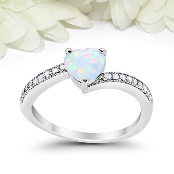 White Opal Hear Simulated Diamond Wedding Crown Sterling Gold Engaement Ring Set 