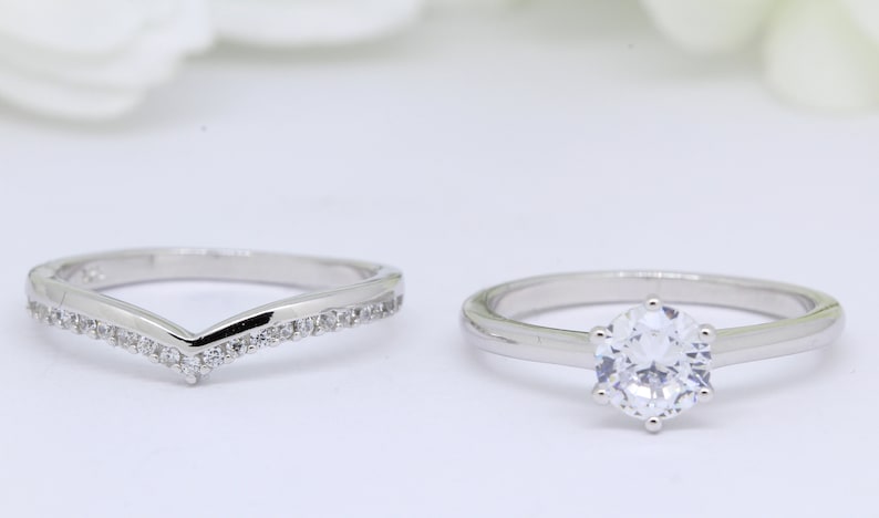 1.00 Carat Diamond CZ Solitaire Wedding Engagement Bridal Set Vintage Art Deco Ring V Midi Chevron Band Two Piece 925 Sterling Silver image 2