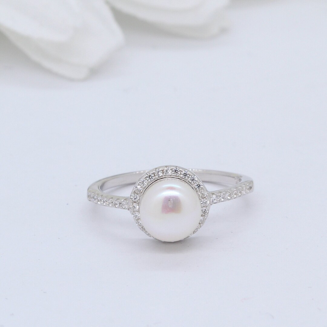 Freshwater Pearl Halo Wedding Engagement Ring Bridal Round Simulated
