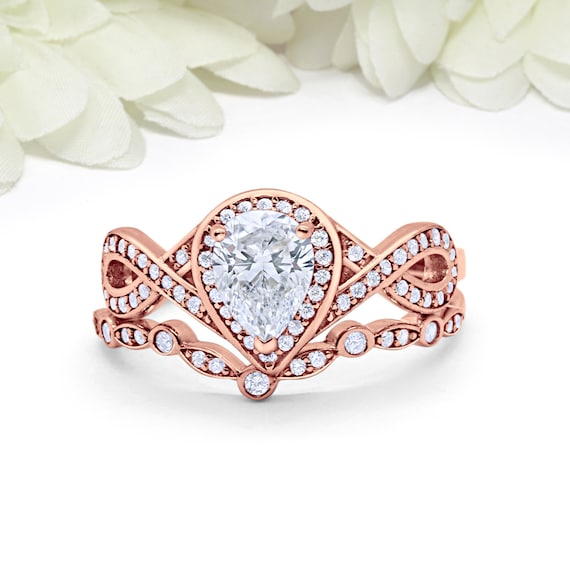 Art Deco Teardrop Bridal Set Rond Poire Simule Diamant Solide Or Rose 925 Sterling Silver Teardrop Ring Ring Band Mariage Fiancailles Etsy France