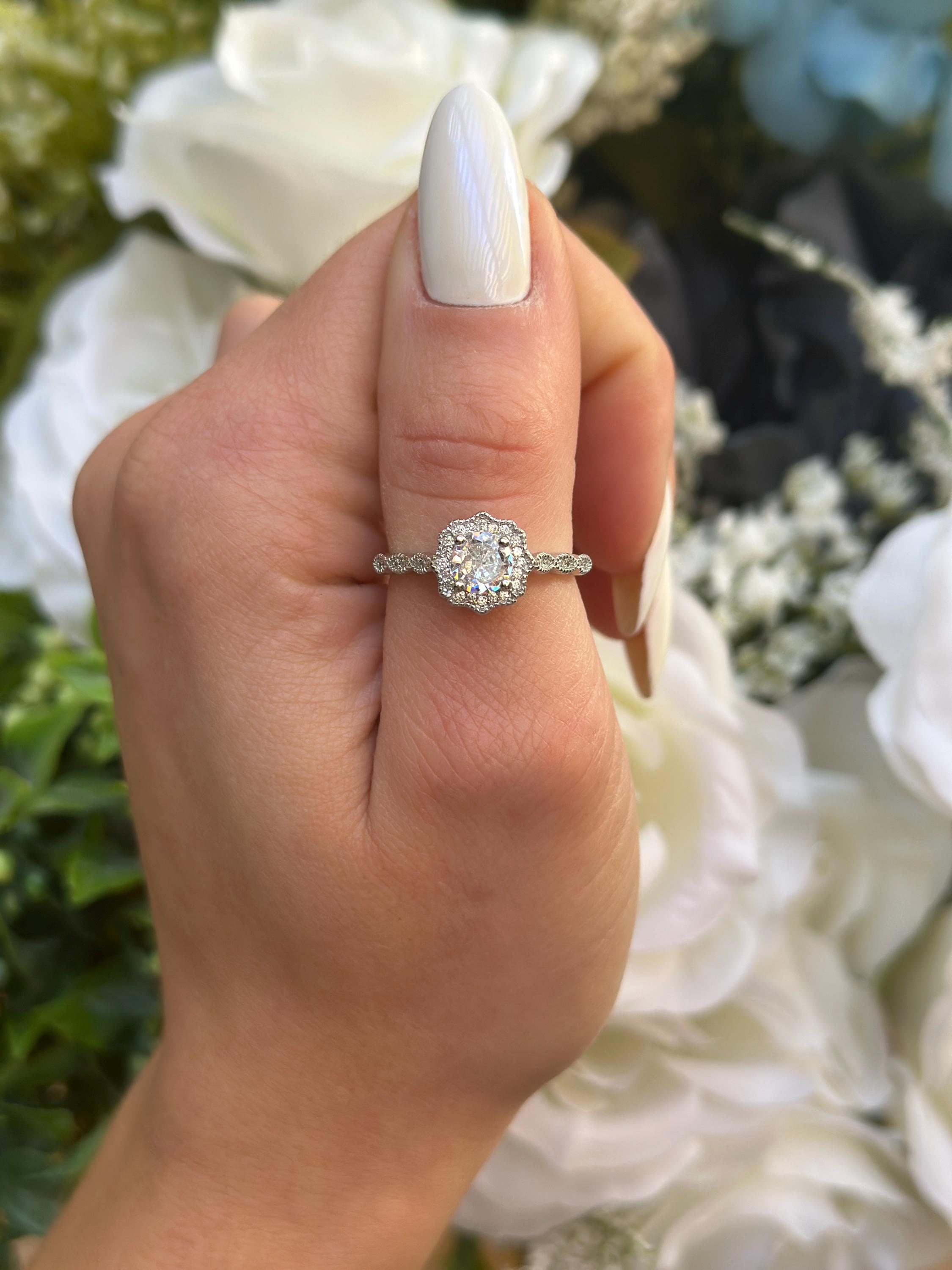 Art Deco Halo Wedding Engagement Ring Round Diamond CZ Accent Solid 925 Sterling Silver Bridal Jewelry, Wedding Ring