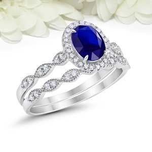 1.65 Carat Oval Blue Sapphire CZ Art Deco Solitaire Accent Dazzling Wedding Engagement Ring Band Two Piece Round CZ Sterling Silver image 5