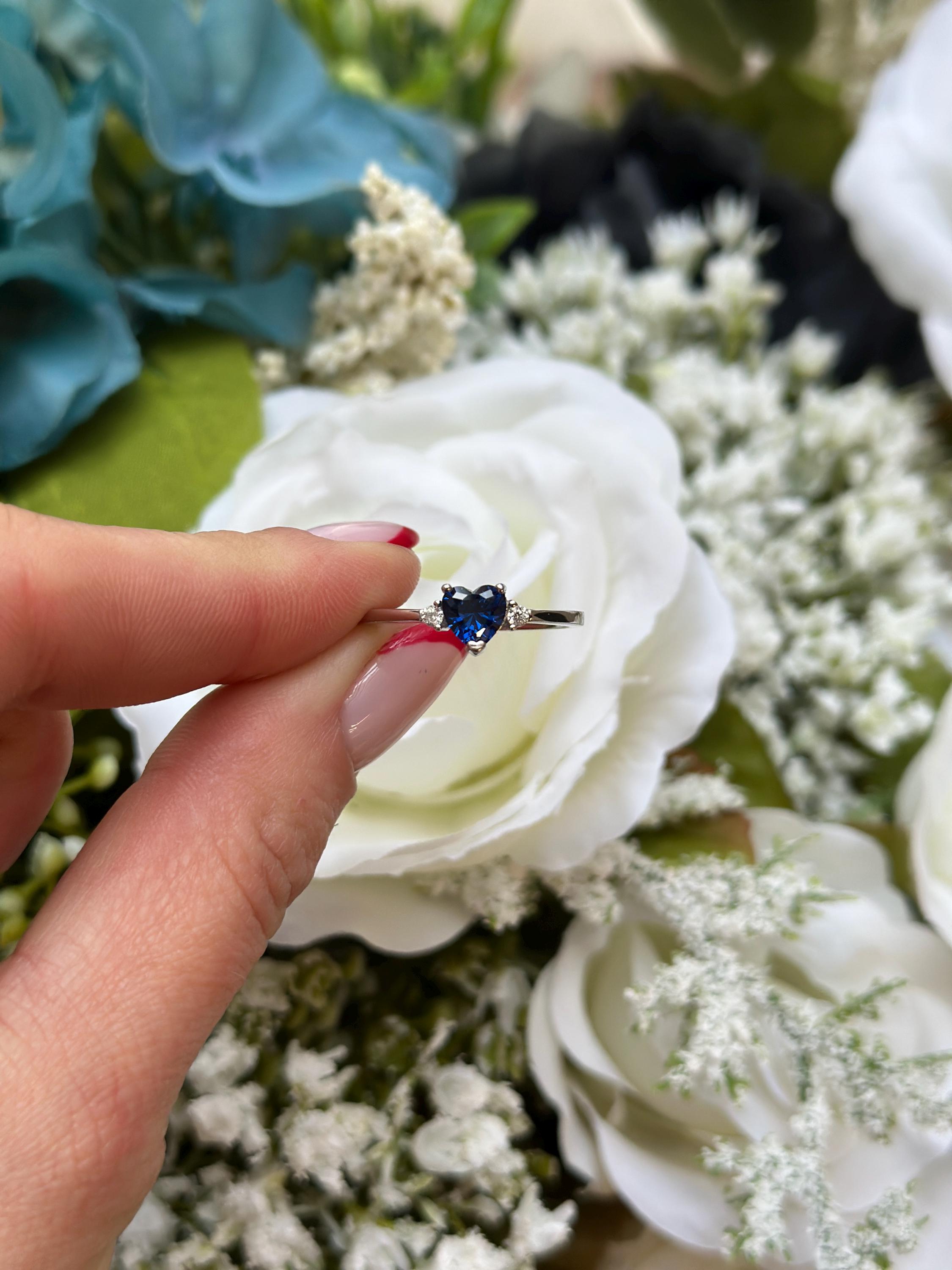 Heart Blue Sapphire CZ Promise Ring: Sterling Silver Simulated