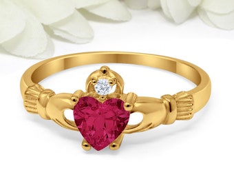 Claddagh Ring Yellow Gold Sterling Silver Round Heart Ruby CZ Simulated Diamond Claddagh Engagement Irish Promise Ring July