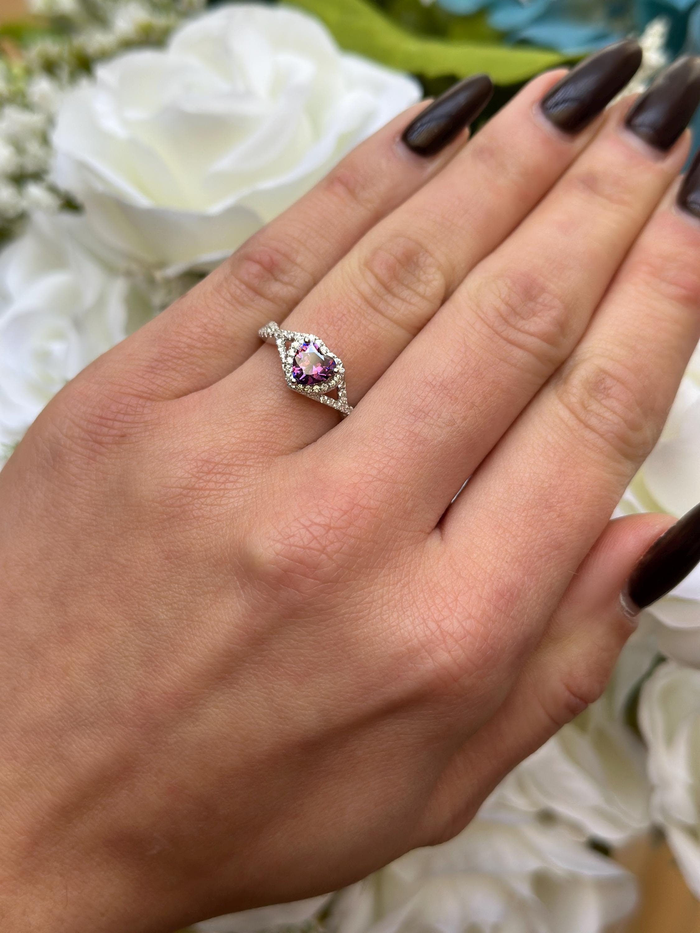 Halo Heart Promise Ring Purple Amethyst CZ Heart Round