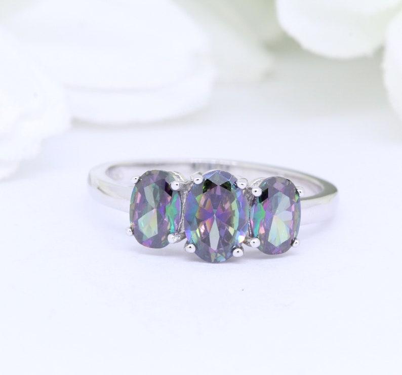 Three Stone 3-Stone Oval 1.21 Carat Mystic Rainbow Fire CZ Wedding Engagement Bridal Promise Ring 925 Sterling Silver