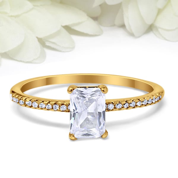 1.14CT Radiant Cut Simulated Diamond Art Deco Solitaire Accent Dazzling Wedding Engagement Ring Round CZ Yellow Gold 925 Sterling Silver