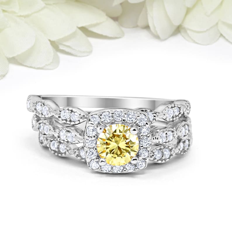 Round Canary Yellow CZ Halo 3 Three Piece Wedding Engagement Set Art Deco Ring Band Sterling Silver Round Simulated Diamond CZ