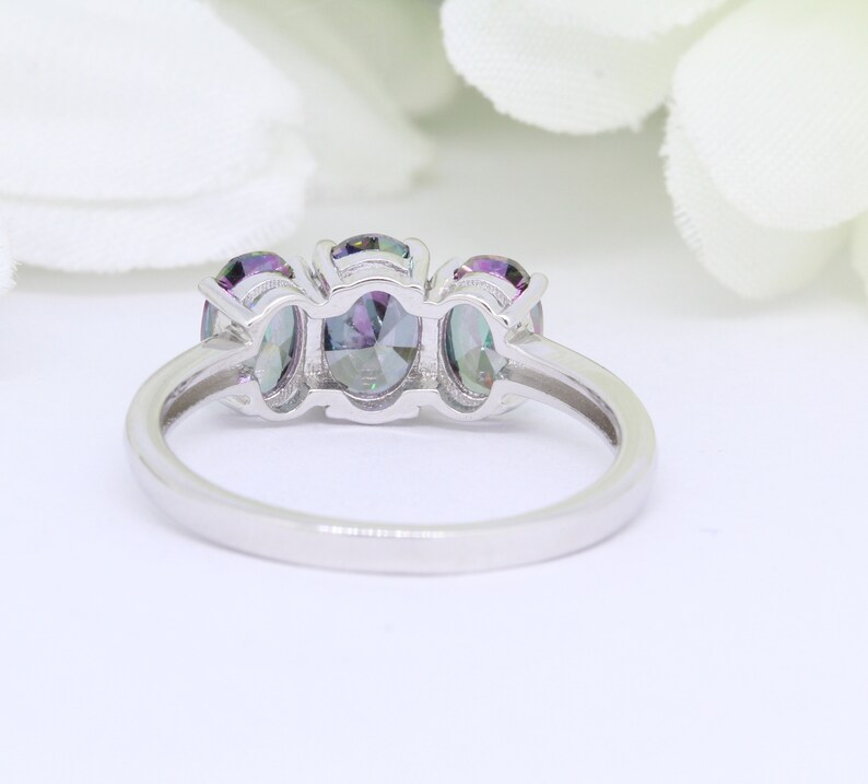 Three Stone 3-Stone Oval 1.21 Carat Mystic Rainbow Fire CZ Wedding Engagement Bridal Promise Ring 925 Sterling Silver