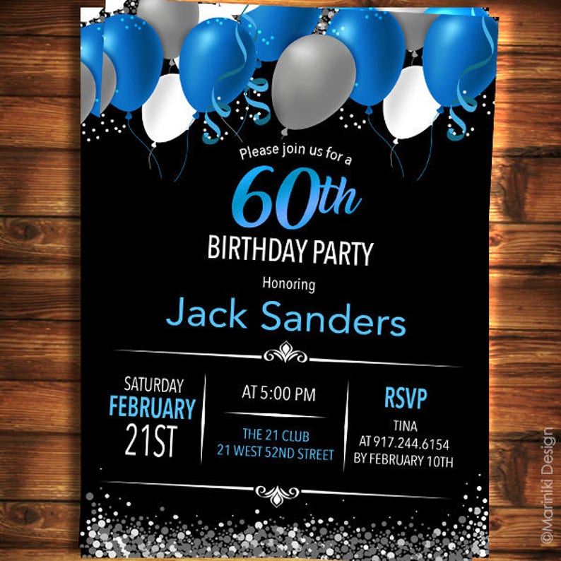 60th Birthday Invitation For Men Black Blue Elegant Birthday Etsy