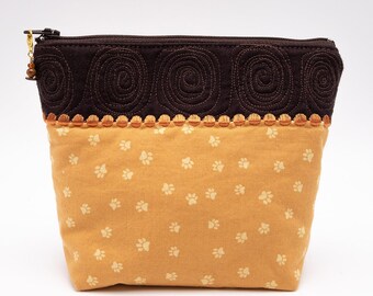 Cosmetic Bag, Zippered Pouch, Kitty Paw Prints, Beaded Zipper Pull