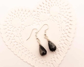 Faceted Black and Gray Eclipse Agate Dangle Earrings With Small Metal Bead