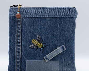Recycled Denium 6 " Zippered Pouch with Embroidered Bee and Beaded Zipper Pull
