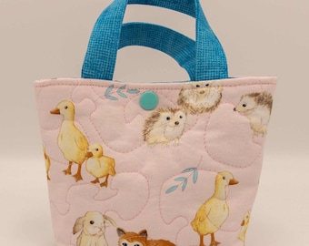 Child's Purse,  Snap Closure, Bunnies, Fox, Deer, Hedgehog, Ducks on Faint Pastel Pink Fabric