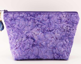 Purple Blue Splash Batik Zippered Pouch with Beaded Zipper Pull