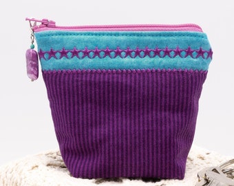 Mini Cosmetic Pouch, Purple and Blue Zippered Pouch, Coin Purse, Embroidered Stars
