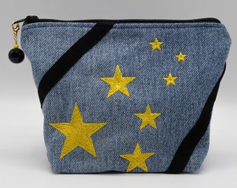 Recycled Upcycled Blue Jean Zippered Pouch Cosmetic Bagwith Embroidered Stars, Small Cosmetic Bag, Beaded Zipper Pull