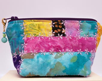 Mini Crazy Quilted Pouch: Beaded Zipper Pull, Decorative Stitching