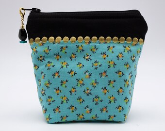 Small Cosmetic Bag,  Zippered Pouch, Beaded Zipper Pull, Eclipse Agate, Dyed Magnesite
