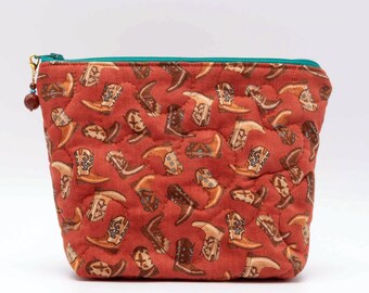 Cowgirl/Cowboy Boots Zippered Pouch/Cosmetic Bag, Large Polished and Faceted Sandstone Bead on Zipper Pull