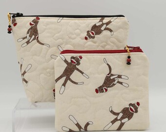 Sock Monkey Cosmetic Bag and Small Zippered Pouch, Coin Purse