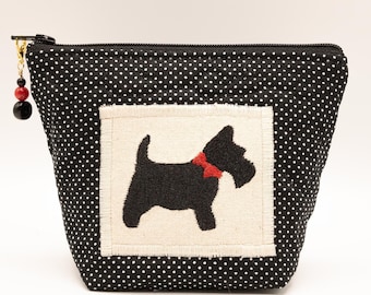 Mini Embroidered Zippered Pouch, Scotty Dog Makeup Bag/Cosmetic Bag, Beaded Zipper Pull