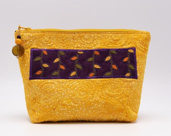 Yellow Batik Zippered Pouch/Cosmetic Bag, Appliqued Leaves on Purple, Free Motion Swirl Stitching, Glass Beaded Zipper Pull