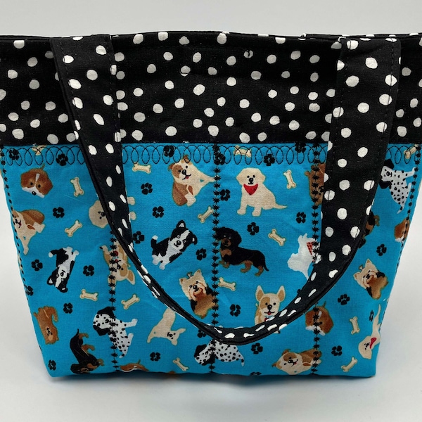 Small Tote, Quilted Bag, Child's Purse, Dog Print Tote, Inside Pocket, Hook and Loop Closure, Decorative Stitching