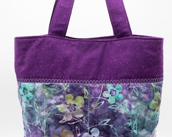 Tote, Quilted Red Violet Print, Teal Decorative Stitching, Colorful Batik Floral Fabric, Pocket Inside, Magnetic Clasp