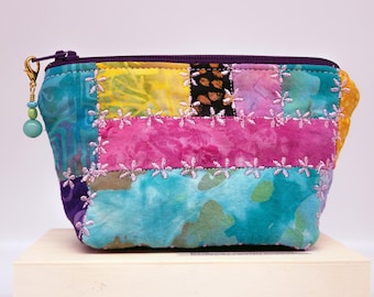 Mini Crazy Quilted Pouch: Beaded Zipper Pull, Decorative Stitching