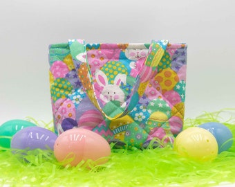 Child's Quilted Tote, Easter Basket, Glittery Fabric, Inside Pocket, Hook and Loop Closure