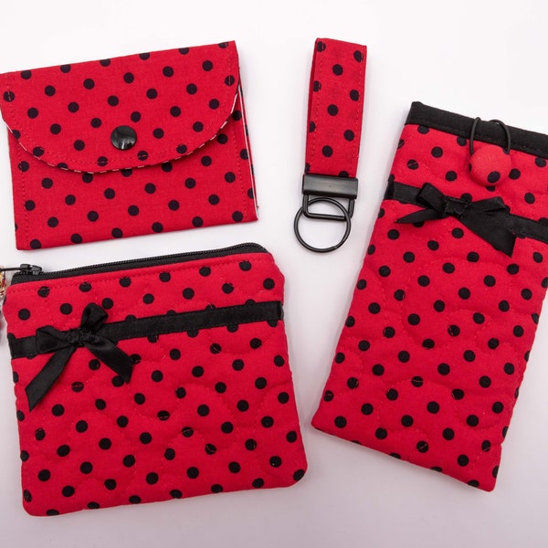 Sassy Collection Accessories:  Coin Purse, Card Holder, Key Fob, Eyeglass Case/Black Dots on Red Background, Black Satin Ribbon Bows