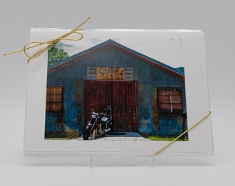Blank Card, Antique Star Tobacco Sign, Motorcycle, Old Metal Shed, Bear Valley, Wisconsin,  5 x 7 Inches, 4-Card Pack