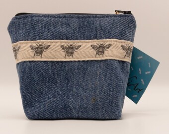 Recycle Upcycle Zippered Pouch, Cosmetic Bag, Bee Accent Stripe, Beaded Zipper Pull