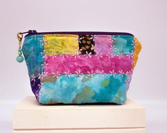 Mini Crazy Quilted Zippered Pouch, Cosmetic Bag, Decoratively Stitched, Beaded Zipper Pull, Amazonite and Glass Beads