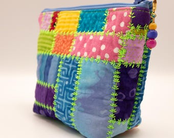 Cosmetic Bag, Zippered Pouch, Multi Colors, Green Decorative Stitching, Beaded Zipper Pull