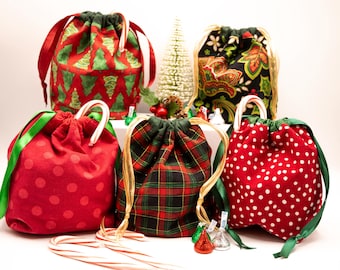 Small Drawstring Christmas Fabric Gift Bags, Sustainable Gift Wrapping