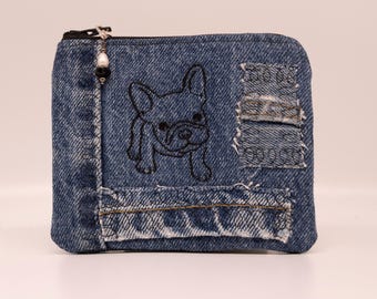 Frenchie Coin Purse, Small Zippered Pouch, Beaded Zipper Pull, Upcycled Denim Little Bag