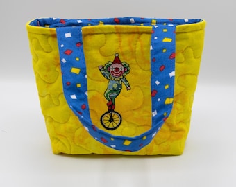 Toddler's Tote, Embroidered Elephant and Clown Mini Tote, Little Quilted Child's Bag with Handles and Inside Pocket