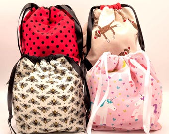 Small Reusable Gift Bags, Sustainable Wrapping, Unicorns, Bees, Sock Monkeys, Unicorns
