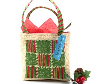 Christmas Gold Print Fabric Quilted Gift Bag, Decorative Stitching, Handles