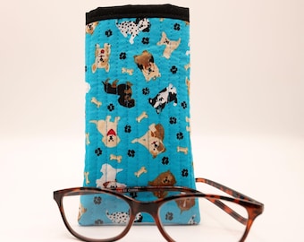 Eyeglass Case, Many Dogs on Glasses Pouch, Eyeglass Sleeve, Quilted, Blue