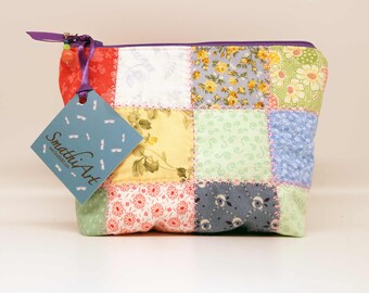 Shabby Chic Quilted Zipper Pouch: Pastel Pink Cosmetic Bag with Beaded Pull