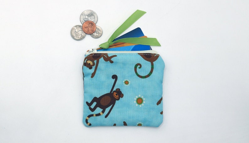 Children/'s Coin Purse ID purse Credit Card Holder soft purse quilted: Monkeys on Aqua Fabric